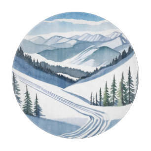 Ski Mountain Watercolor Cutting Board