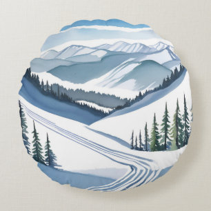 Ski Mountain Watercolor Round Cushion