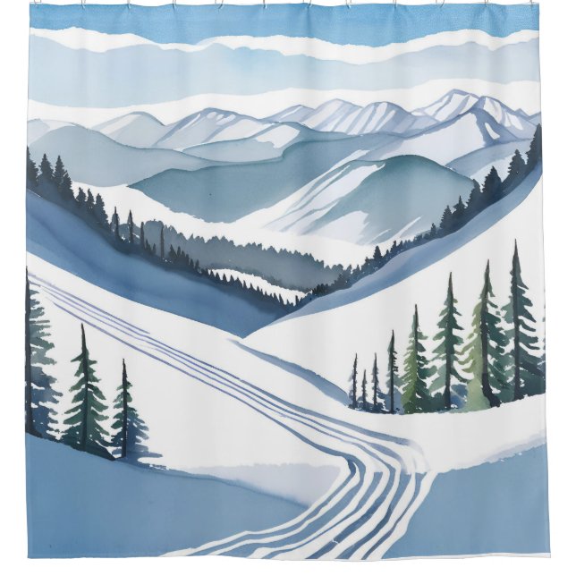 Ski Mountain Watercolor Shower Curtain (Front)