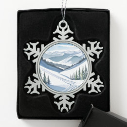 Ski Mountain Watercolor Snowflake Pewter Christmas Ornament
