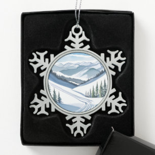 Ski Mountain Watercolor Snowflake Pewter Christmas Ornament