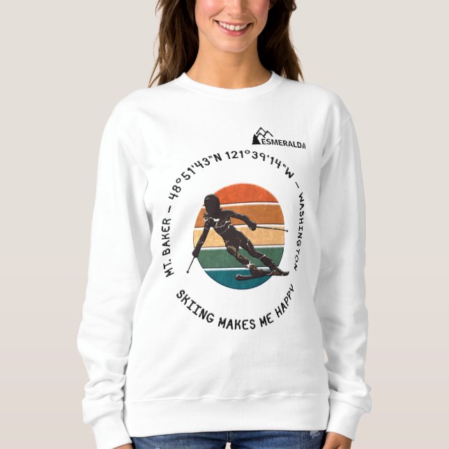 Ski Mt. Baker, Washington - Lady Skier, Black Text Sweatshirt (Front)