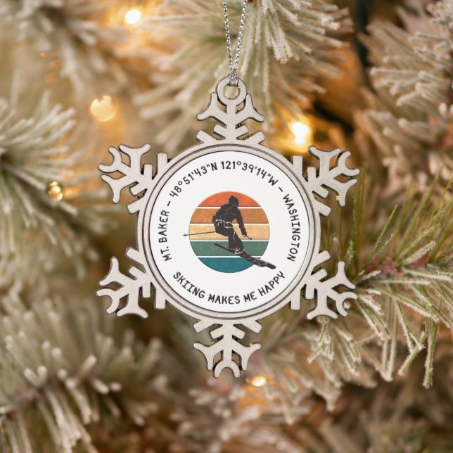 Ski Mt. Baker, Washington - Man Skier, Black Text Snowflake Pewter Christmas Ornament (Tree)
