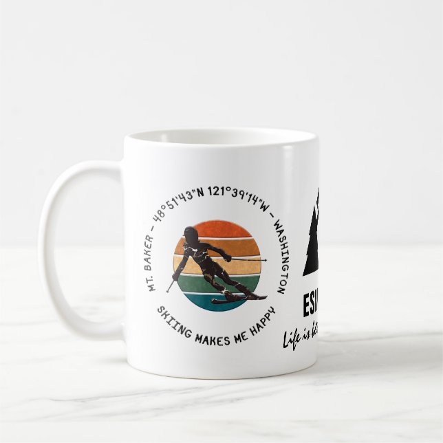 Ski Mt. Baker, Washington - Woman Skier Black Text Coffee Mug (Left)
