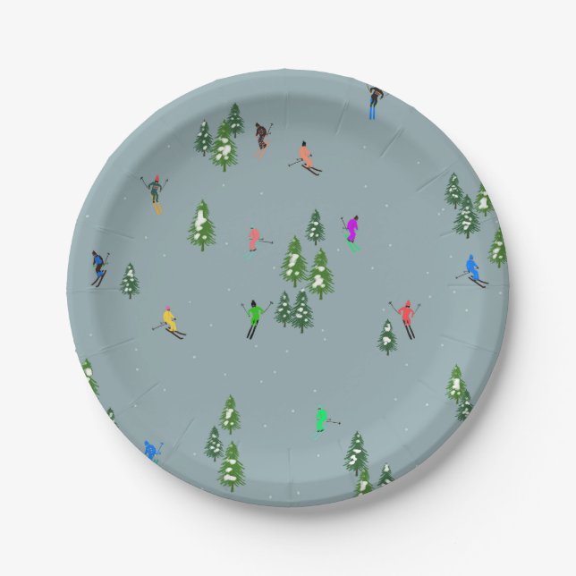  Ski Opening Christmas Skiing Holiday Skiers Blue Paper Plate (Front)