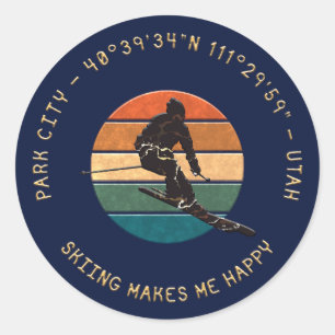 Ski Park City, Utah - Man Skier Golden Text Classic Round Sticker