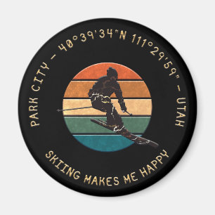 Ski Park City, Utah - Man Skier Golden Text Magnet