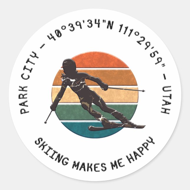 Ski Park City, Utah - Woman Skier, Black Text Classic Round Sticker (Front)