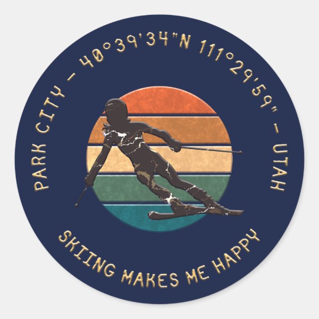 Ski Park City, Utah - Woman Skier, Golden Text Classic Round Sticker (Front)