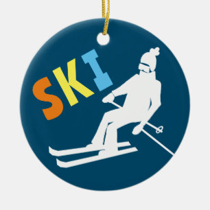 Ski Retro Skier Winter Blue White    Ceramic Tree Decoration