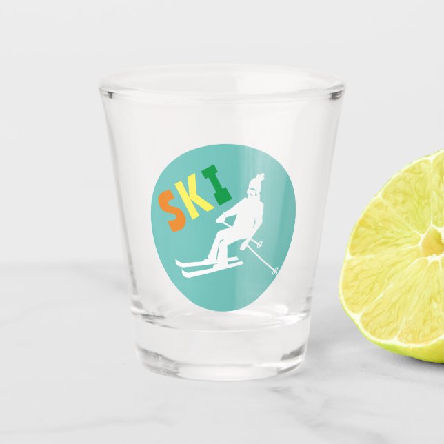 Ski Retro Skier Winter Teal  Shot Glass (Front)