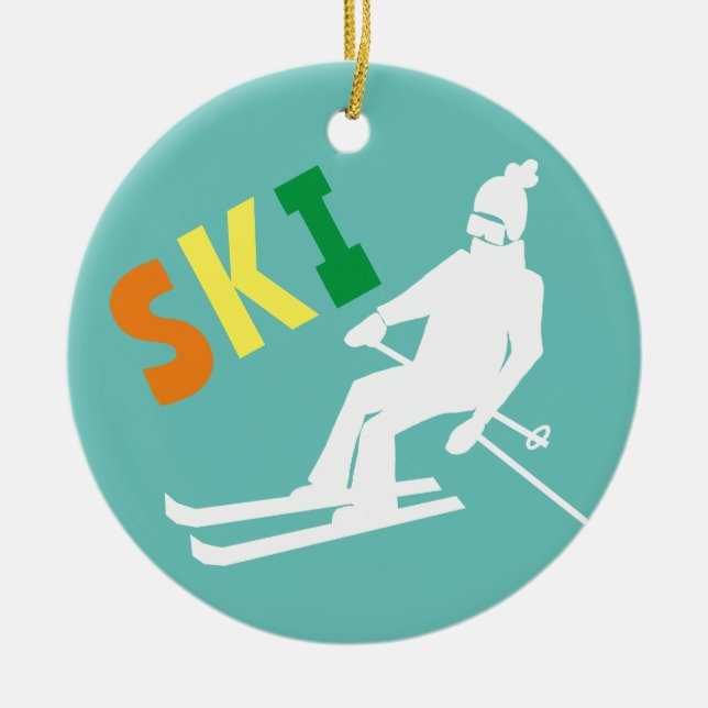 Ski Retro Skier Winter Teal White  Ceramic Tree Decoration (Front)