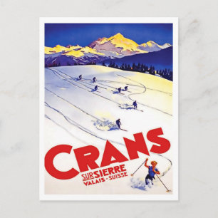 Ski-run in Crans hill, Switzerland, vintage travel Postcard
