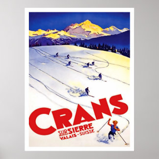 Ski-run in Crans hill, Switzerland, vintage travel Poster