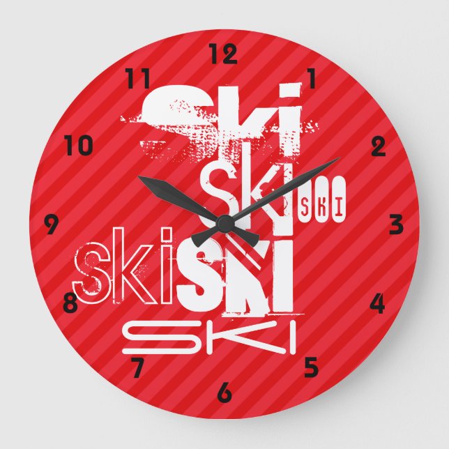 Ski; Scarlet Red Stripes Large Clock (Front)