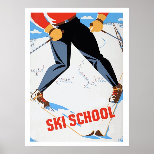Ski school, man on ski, vintage travel poster (Front)