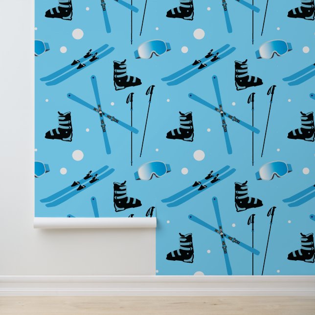 Ski School Snow Sports Blue Skiing Pattern Wallpaper (Application)