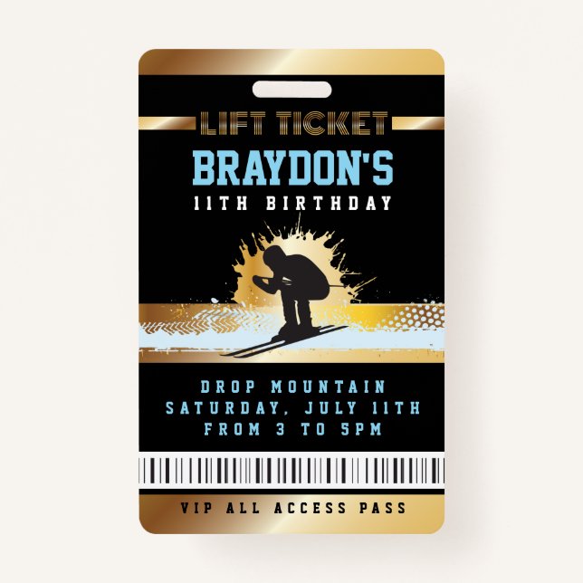 SKI SKIER MOUNTAIN Birthday ALL ACCESS Lift Ticket ID Badge (Front)