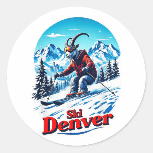 Ski Skiing Adventure Goat In Denver Mountains  Classic Round Sticker