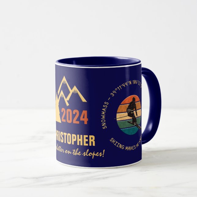 Ski Snowmass, Colorado - Man Skier, Yellow Text Mug (Front Right)