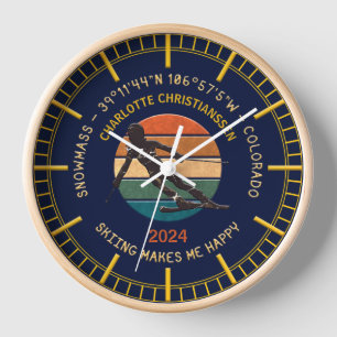 Ski Snowmass, Colorado - Woman Skier, Yellow Text Clock