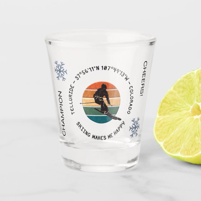Ski Telluride, Colorado - Man Skier, Black Text Shot Glass (Front)