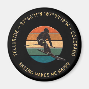 Ski Telluride, Colorado - Man Skier, Yellow Text Magnet