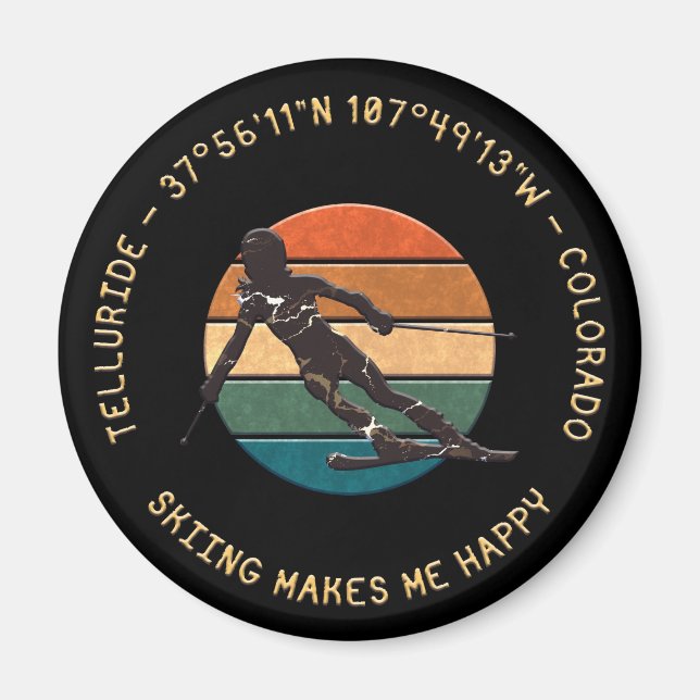 Ski Telluride, Colorado - Woman Skier, Yellow Text Magnet (Front)