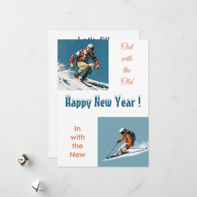 Ski themed New Years Greetings Card (Front/Back In Situ)