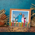 Ski Trip Photo Keepsake Plaque<br><div class="desc">Create a photo keepsake of your skiing vacation or some winter themed decor for your home. This plaque is ready to be customized with your photo and features my illustrations of colorful vintage skis set against a light brown background that has the look of a ski lodge's wood siding.</div>