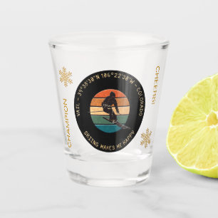 Ski Vail, Colorado - Man Skier, Golden Text Shot Glass