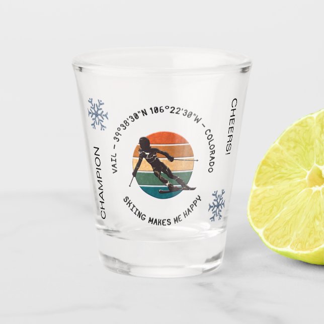 Ski Vail, Colorado - Woman  Skier, Black Text Shot Glass (Front)