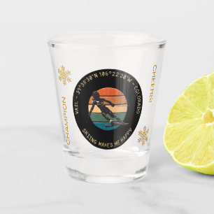 Ski Vail, Colorado - Woman Skier, Golden Text Shot Glass