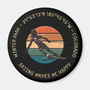 Ski Winter Park, Colorado - Woman Skier, Gold Text Magnet