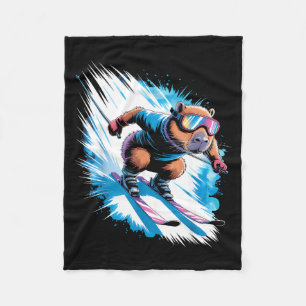 Ski winter sport skier funny skiing capybara  fleece blanket