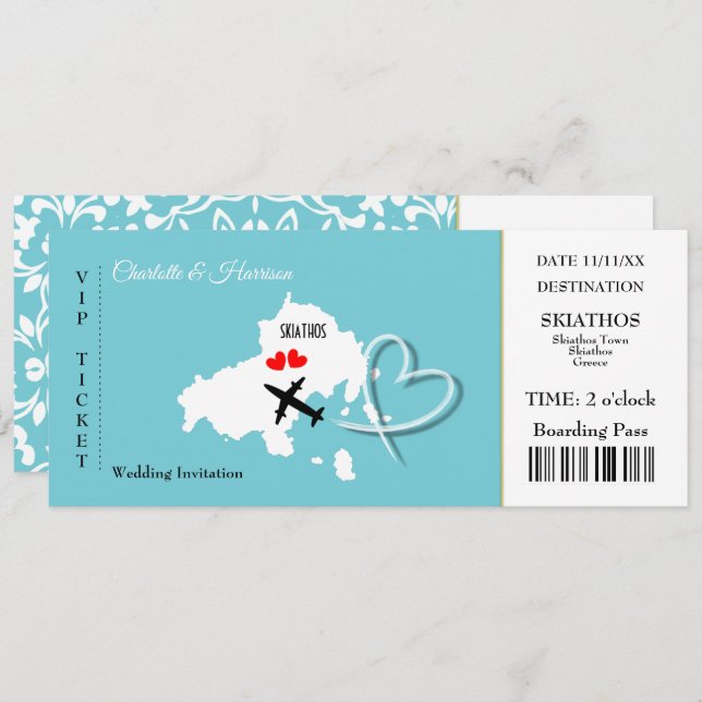 Skiathos Wedding Destination Ticket Boarding Pass Invitation (Front/Back)