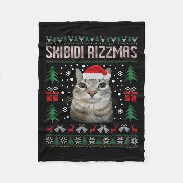 Skibidi Rizzmas Funny Silly Staring Cat Ugly Sweat Fleece Blanket (Front)