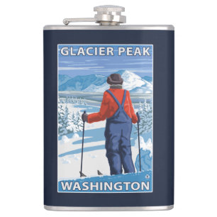 Skier Admiring - Glacier Peak, Washington Hip Flask