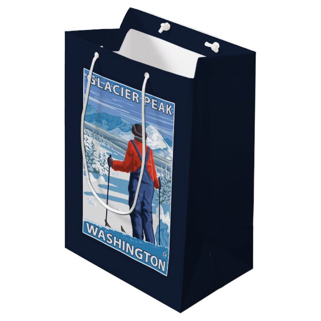 Skier Admiring - Glacier Peak, Washington Medium Gift Bag (Front Angled)
