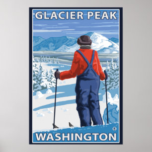 Skier Admiring - Glacier Peak, Washington Poster