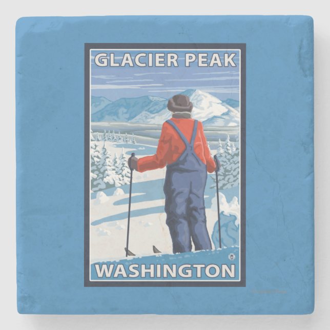 Skier Admiring - Glacier Peak, Washington Stone Coaster (Front)