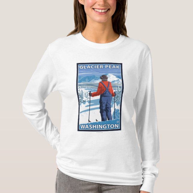 Skier Admiring - Glacier Peak, Washington T-Shirt (Front)