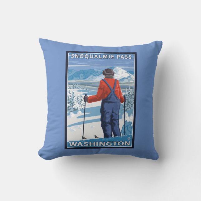Skier Admiring - Snoqualmie Pass, Washington Cushion (Front)