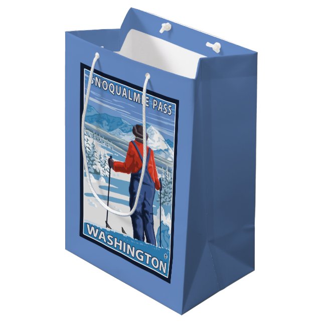 Skier Admiring - Snoqualmie Pass, Washington Medium Gift Bag (Front Angled)
