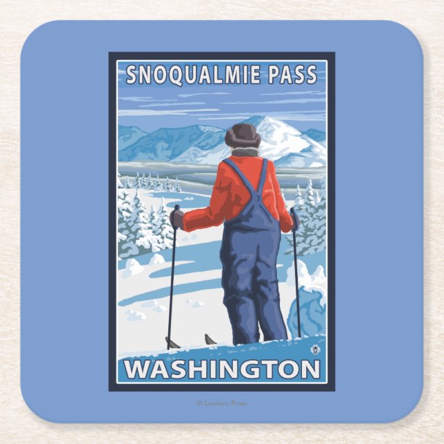 Skier Admiring - Snoqualmie Pass, Washington Square Paper Coaster (Front)