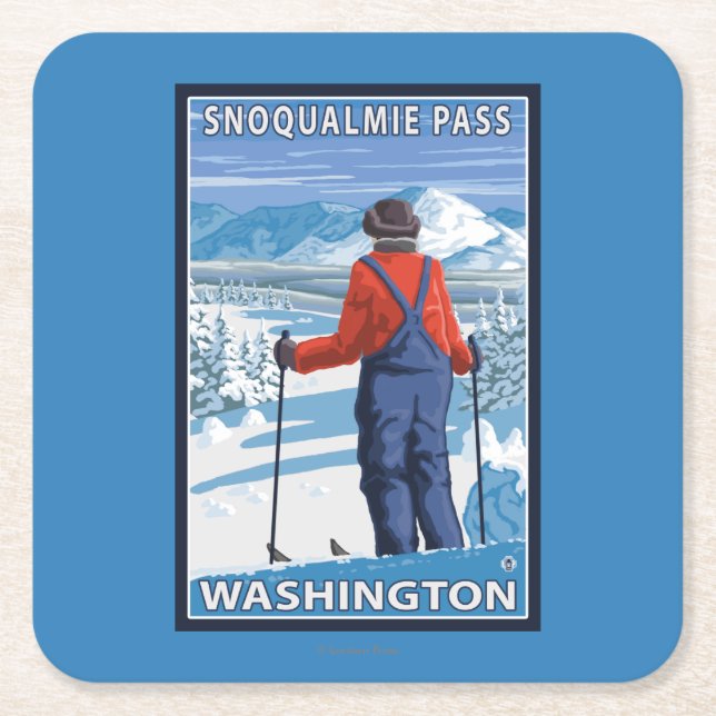 Skier Admiring - Snoqualmie Pass, Washington Square Paper Coaster (Front)