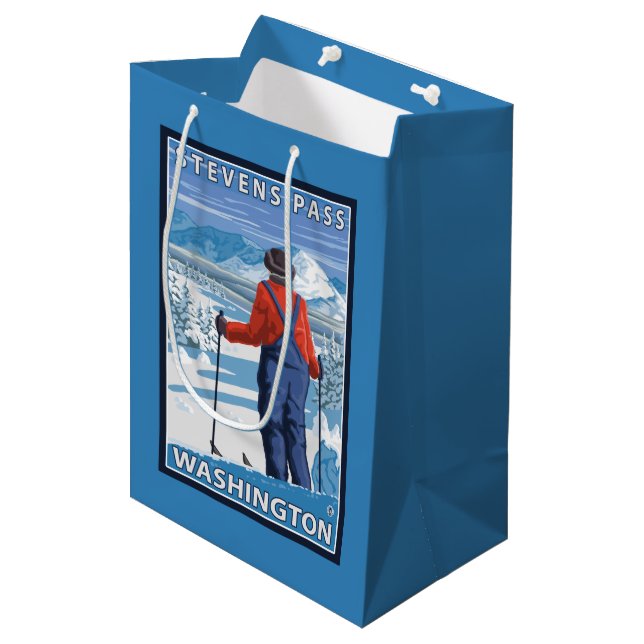 Skier Admiring - Stevens Pass, Washington Medium Gift Bag (Front Angled)