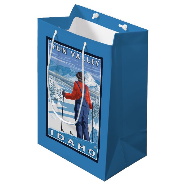 Skier Admiring - Sun Valley, Idaho Medium Gift Bag (Front Angled)
