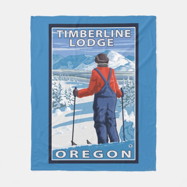Skier Admiring - Timberline Lodge, Oregon Fleece Blanket (Front)