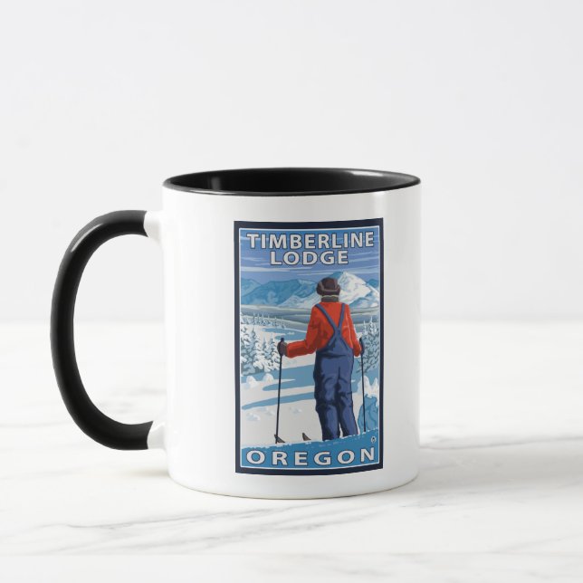 Skier Admiring - Timberline Lodge, Oregon Mug (Left)